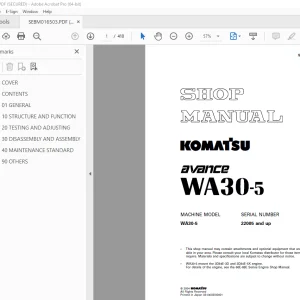 Komatsu Avance Wheel Loader WA30-5 Shop Manual SEBM016503 PDF