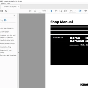 Komatsu BULLDOZER D475A -5E0 D475ASD-5E0 Shop Manual SEN00203-34  PDF