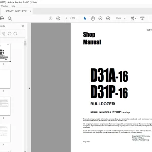 Komatsu Bulldozer D31A-16 D31P-16 Shop Manual SEBM0114B01 PDF