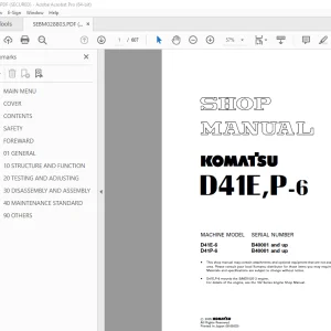 Komatsu D41E-6 D41P-6 Bulldozer Shop Manual SEBM028803 PDF