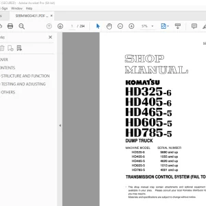 Komatsu HD325-6 HD405-6 HD465-5 HD605-5 HD785-5 Dump Truck Shop Manual PDF