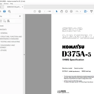 Komatsu Hydraulic Excavator D375A-5 Shop Manual SEBM036106 PDF