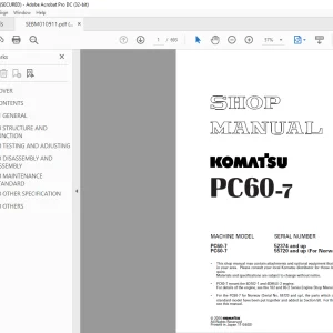 Komatsu Hydraulic Excavator PC60-7 Shop Manual SEBM010911 - PDF DOWNLOAD