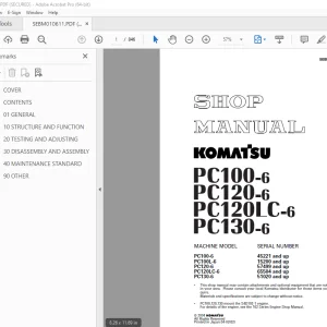 Komatsu PC100-6 PC120-6 PC120LC-6 PC130-6 Excavator Shop Manual SEBM010611 PDF