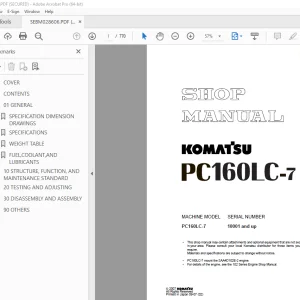 Komatsu PC160LC-7 Hydraulic Excavator Shop Manual SEBM028606 PDF