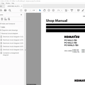 Komatsu PC160LC-7E0 PC180LC-7E0 PC180NLC-7E0 Excavator Shop Manual PDF