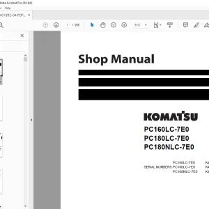Komatsu PC160LC-7E0,PC180LC-7E0,PC180NLC-7E0 Hydraulic Excavator Shop Manual PDF