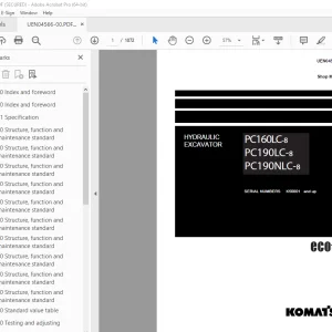 Komatsu PC160LC-8 PC190LC-8 PC190NLC-8 Hydraulic Excavator Shop Manual UEN04566-00 PDF