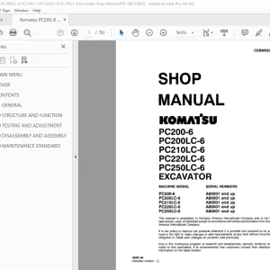Komatsu PC200-6 PC200LC-6 PC210LC-6 PC220LC-6 PC250LC-6 Excavator Shop Manual PDF