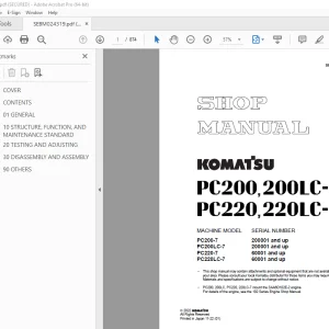 Komatsu PC200-7 PC200LC-7 PC220-7 PC220LC-7 Excavator Shop Manual SEBM024319 PDF
