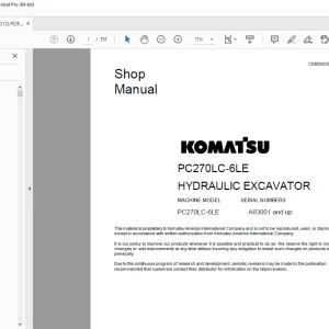 Komatsu PC270LC-6LE Hydraulic Excavator Shop Manual CEBD003001 - PDF DOWNLOAD