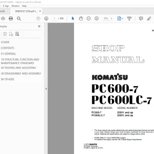 Komatsu PC600-7 PC600LC-7 Hydraulic Excavator Shop Manual PDF