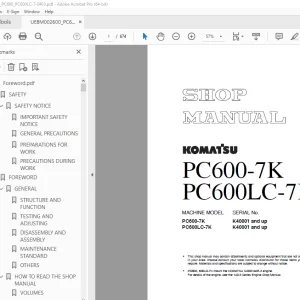 Komatsu PC600-7K PC600LC-7K Hydraulic Excavator Shop Manual PDF