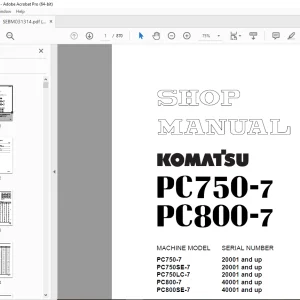 Komatsu PC750-7 PC800-7 Hydraulic Excavator Shop Manual SEBM031314 PDF