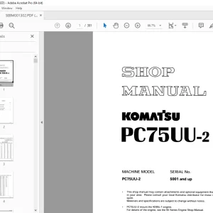 Komatsu PC75UU-2 Hydraulic Excavator Shop Manual SEBM001302 PDF