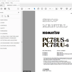 Komatsu PC78US-6 PC78UU-6 Hydraulic Excavator Shop Manual SEBD025113 PDF