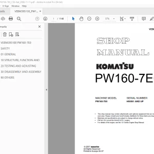 Komatsu PW160-7E0 Wheeled Excavator Shop Manual VEBM395100 PDF