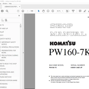 Komatsu PW160-7K Wheeled Excavator Shop Manual UEBM002500 PDF