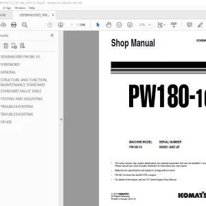 Komatsu PW180-10 Wheeled Excavator Shop Manual VENBM63000 PDF
