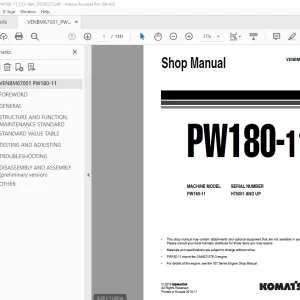 Komatsu PW180-11 Wheeled Excavator Shop Manual VENBM67001 - PDF