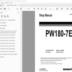 Komatsu PW180-7E0 Wheeled Excavator Shop Manual PDF
