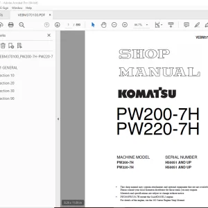 Komatsu PW200-7H PW220-7H Hydraulic Excavator Shop Manual VEBM370100 PDF
