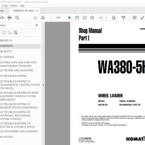 Komatsu WA380-5H Wheel Loader Shop Manual VEBM920100 PDF  
