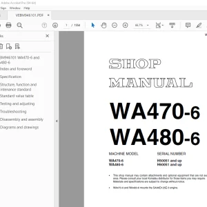 Komatsu WA470-6 WA480-6 Wheel Loader Shop Manual VEBM946101