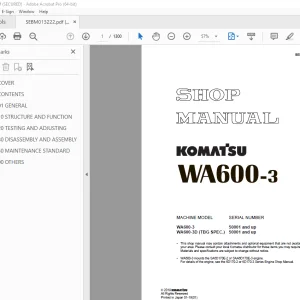 Komatsu WA600-3 Wheel Loader Shop Manual SEBM013222 PDF
