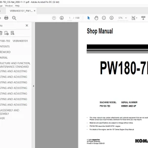 Komatsu Wheel Excavator PW180-7E0 Shop Manual VEBM400101 PDF