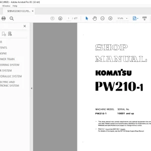 Komatsu Wheeled Excavator PW210-1 Shop Manual SEBM020K0102 PDF
