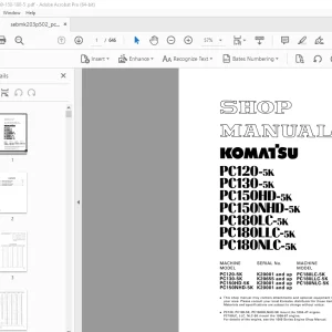 Komatsu РС120-5K РС130-5K РС150HD-5K РС150NHD-5K РС180LC-5K РС180LLC-5K РС180NLC-5K Excavator Shop Manual  PDF