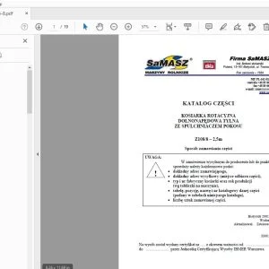 SAMASZ Z1088 – 2,5m KOSIARKA ROTACYJNA DOLNONAPĘDOWA TYLNA ZE SPULCHNIACZEM POKOSU KATALOG CZĘŚCI - PDF