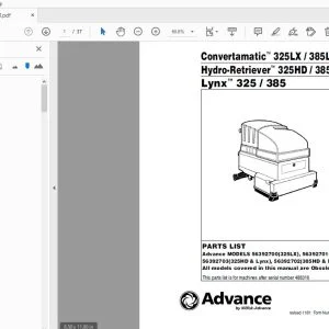 Advance Convertamatic 325LX/385LX Hydro-Retriever 325HD/385HD Lynx 325/385 Parts Manual - PDF DOWNLOAD
