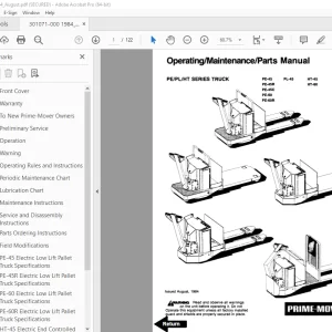 BT Prime-Mover PE/PL/HT Series Truck PE-45 PE-45R PE-45C PE-60 PE-60R PL-45 HT-45 HT-60 Parts Manual PDF