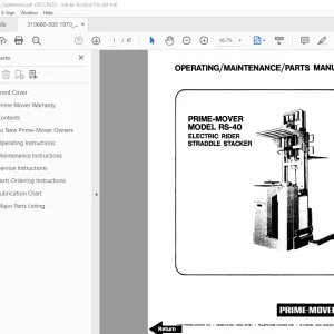 BT Prime-Mover RS-40 Electric Rider Straddle Stacker Operating Maintenance & Parts Manual PDF
