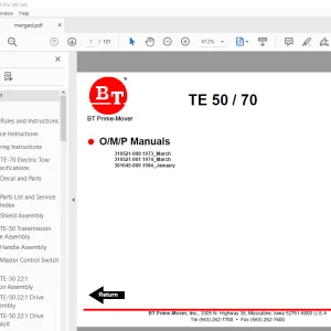 BT Prime-Mover TE-50 TE-70 TE Series Electric Tow Tractor Operating Maintenance & Parts Manual PDF