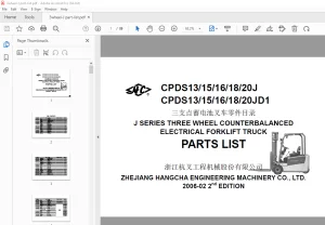 Hangcha CPDS13/15/16/18/20J CPDS13/15/16/18/20JD1 Forklift Truck Parts Manual PDF