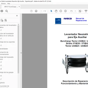 Iveco EuroCargo Tector 230E22 / 230E24 Stralis 570E38 / 570E42 Tector 240E25 / 240E25S Levantador Neumático para Eje Auxiliar Manual de Reparaciones
