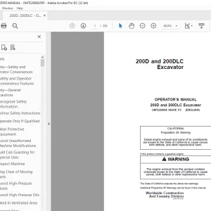 John Deere 200D and 200DLC Excavator OPERATOR’S MANUAL OMT226908 -  PDF DOWNLOAD