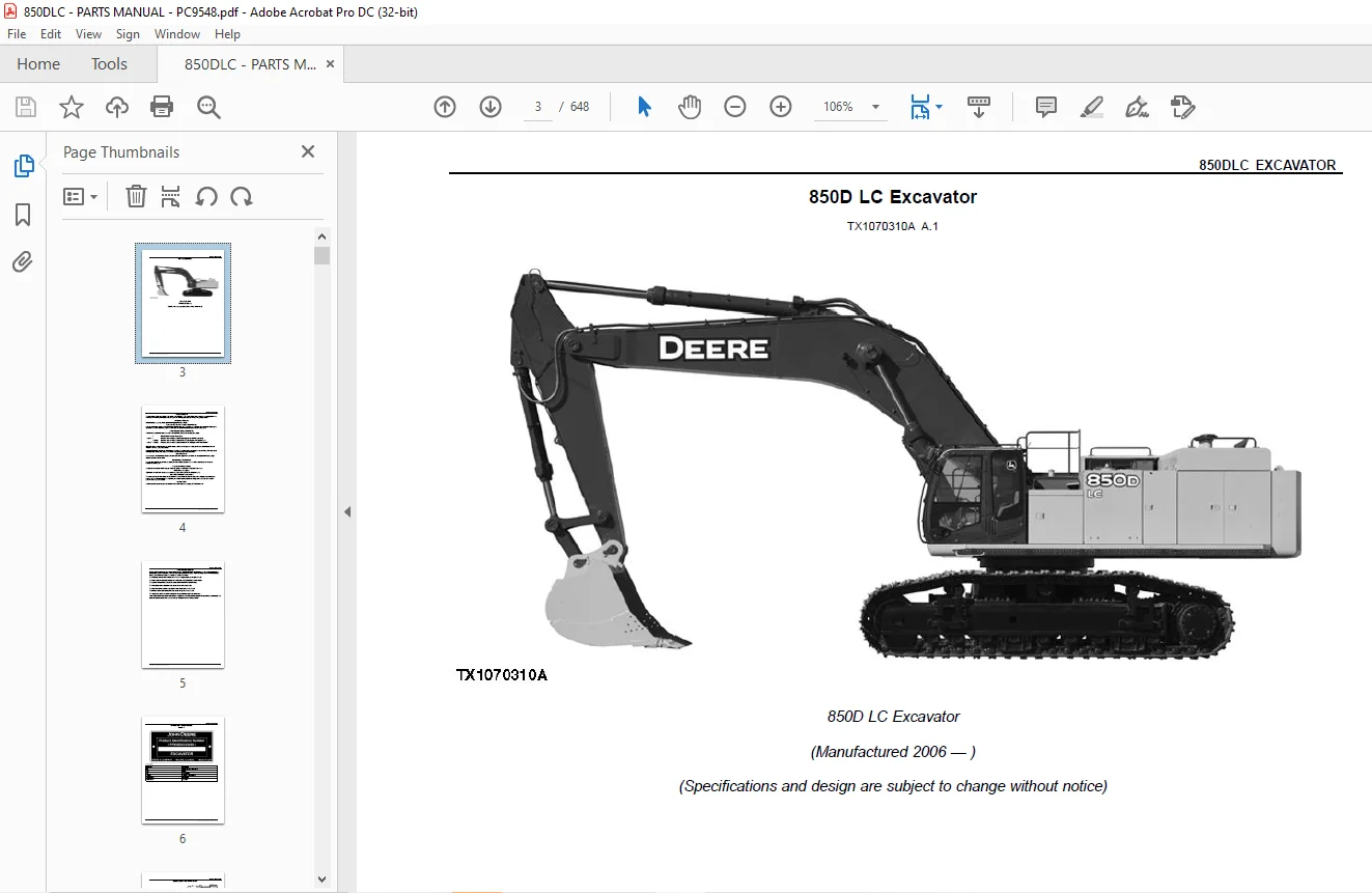 Parts Manual for John Deere 850DLC Excavator PC9548 PDF Download - Image 3