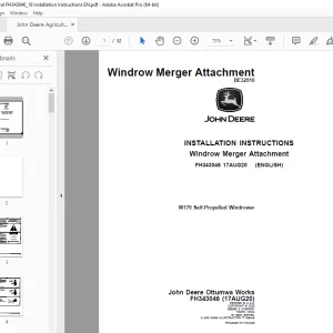 John Deere W170 Self-Propelled Windrower Merger FH343046 Instruction Manual PDF