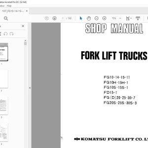 Komatsu FORKLIFT TRUCKS FG 10.14.15-11 FG10H·15H-1 FG10S·15S-1 FD15-1 FG(D)20.25.30-7 FG20S.25S.30S-3 Parts Manual - PDF