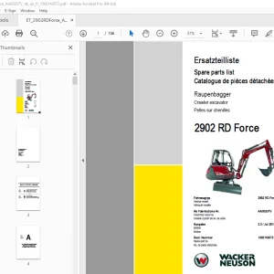 Wacker Neuson 2902 RD Force Excavator Parts Manual 1000143072 PDF