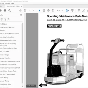 BT Prime-Mover Electric Tow Tractor TE-50 TE-70 Operating Maintenance & Parts Manual PDF