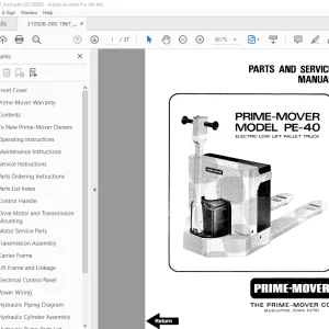 BT Prime-Mover PE-40 Electric Low Lift Pallet Truck Parts & Service Manual PDF