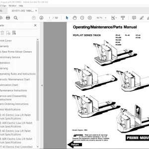 BT Prime-Mover PE-45 PE-45R PE-45C PE-60 PE-60R PL-45 HT-45 HT-60 Truck Operating Maintenance & Parts Manual PDF