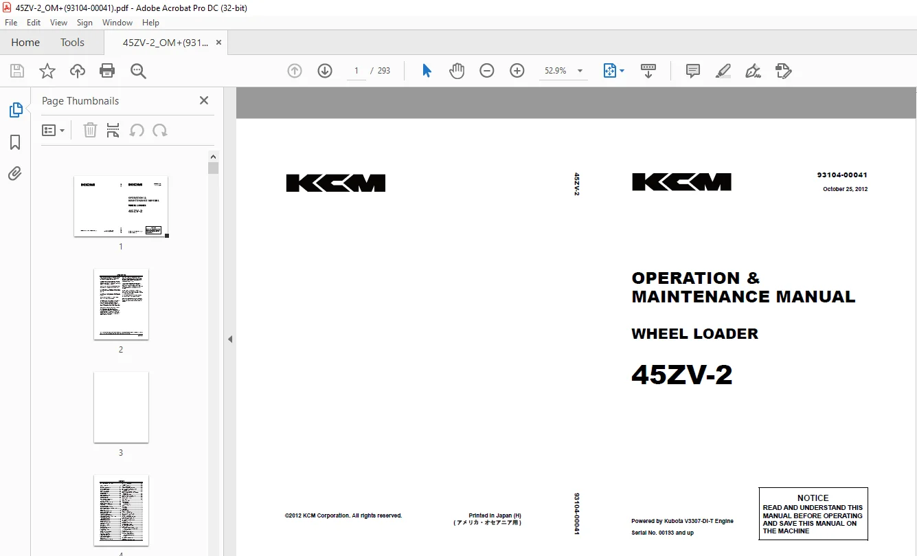 KCM 45ZV-2 Wheel Loader Operator & Maintenance Manual PDF - Image 2