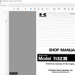 Kawasaki 115ZIII Wheel Loader Cummins KT-19-C Engine Shop Manual PDF