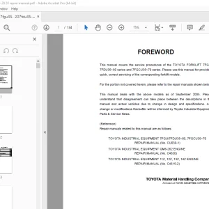 TOYOTA Forklift 7FGU35-80 7FDU35-80 7FGCU35-70 Repair Manual PDF